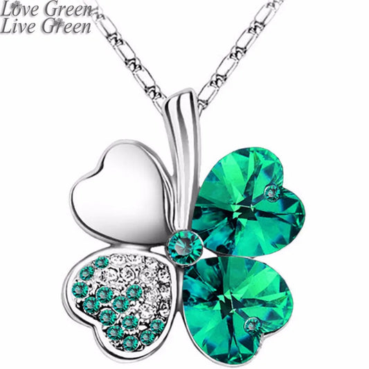 Austrian Crystal Four Leaves Clover Heart Rhinestones White Gold Necklace Pendant for Women